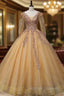 Gold Tulle Long Sleeve Backless Sequins Quinceanera Dress