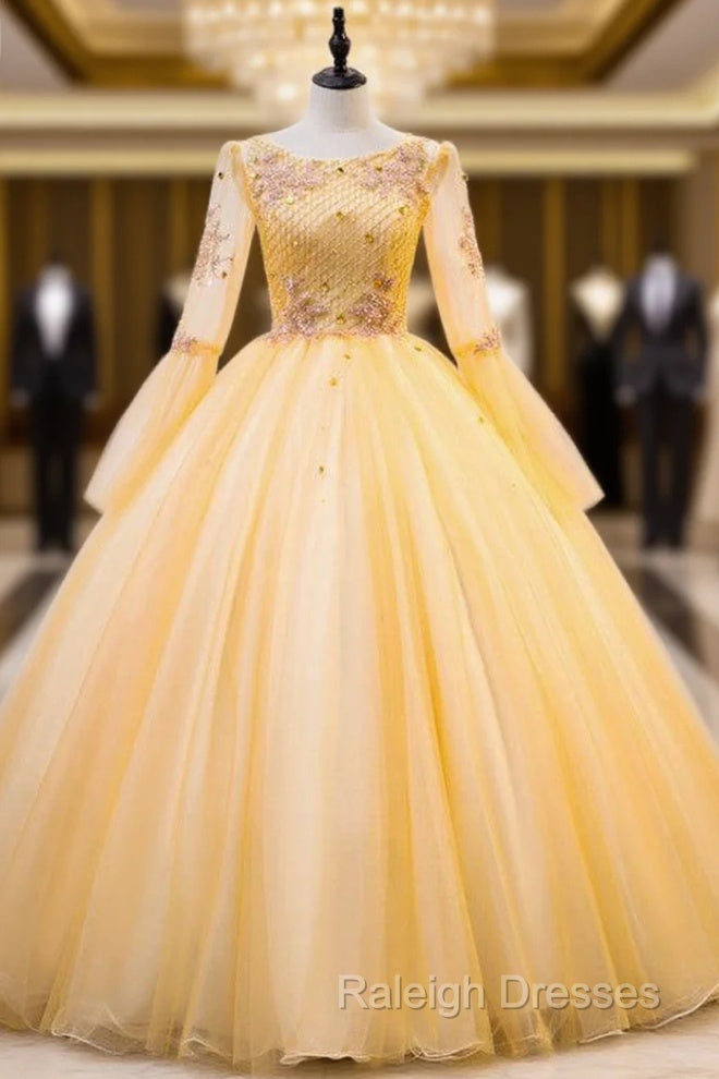 Gold Tulle Long Sleeve Beading Appliques Quinceanera Dress