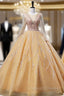 Gold Tulle Long Sleeve Sequins Beading Quinceanera Dress