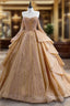 Gold Tulle Long Sleeve Sequins Prom Dress