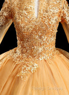 Gold Tulle Long Sleeves Lace Applique Prom Dresses Ball Gown Sweet 16 Dresses