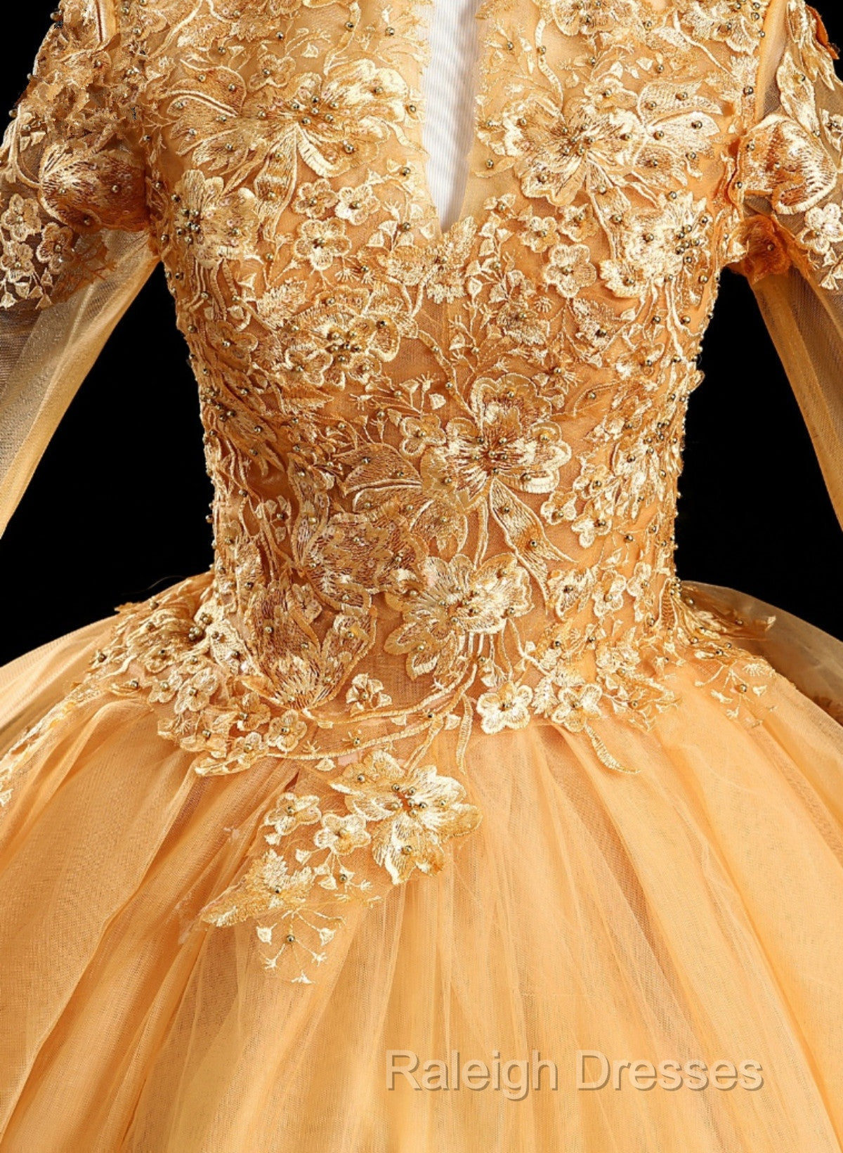Gold Tulle Long Sleeves Lace Applique Prom Dresses Ball Gown Sweet 16 Dresses