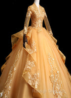 Gold Tulle Long Sleeves Lace Applique Prom Dresses Ball Gown Sweet 16 Dresses