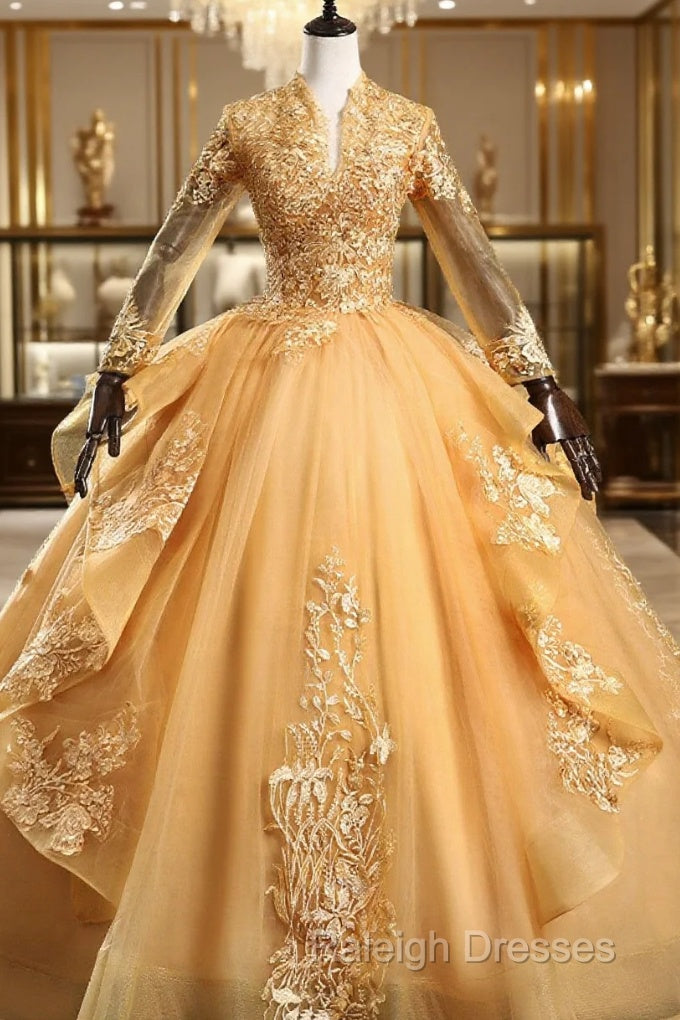 Gold Tulle Long Sleeves Lace Applique Prom Dresses Ball Gown Sweet 16 Dresses