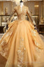 Gold Tulle Long Sleeves Lace Applique Prom Dresses Ball Gown Sweet 16 Dresses