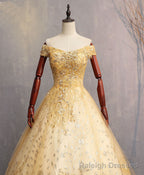 Gold Tulle Off Shoulder Lace Long Prom Dress Tulle Formal Dress