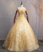 Gold Tulle Off Shoulder Lace Long Prom Dress Tulle Formal Dress