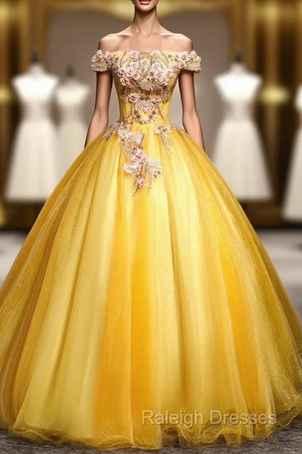 Gold Tulle Off the Shoulder Appliques Quinceanera Dress