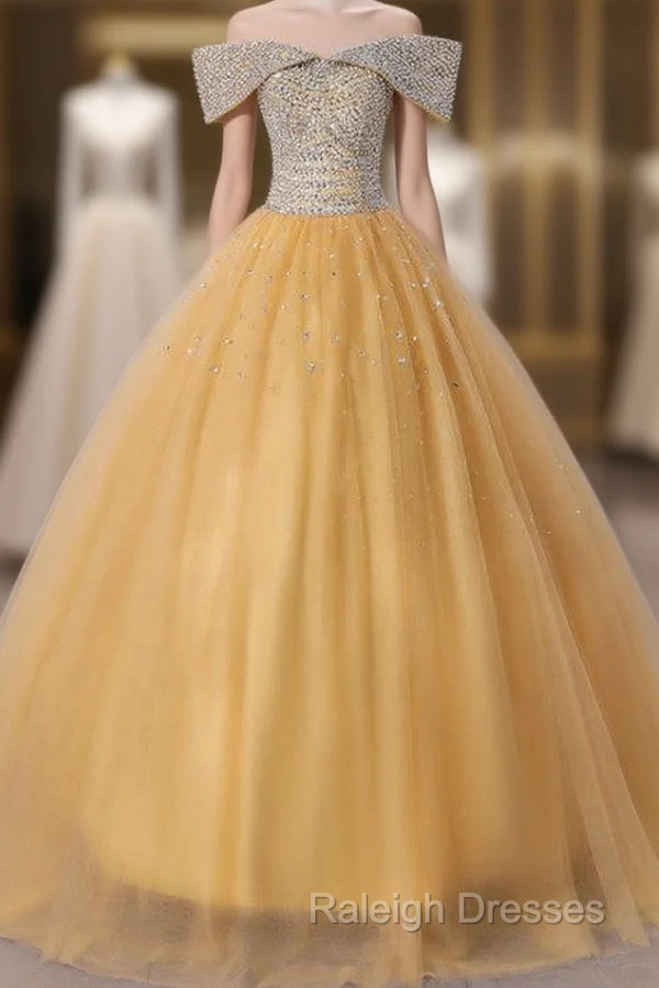 Gold Tulle Off the Shoulder Beading Quinceanera Dress Main image