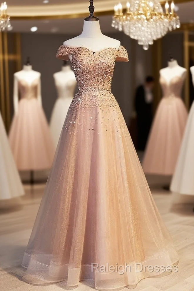 Gold Tulle Off the Shoulder Beading Sequins Prom Dress