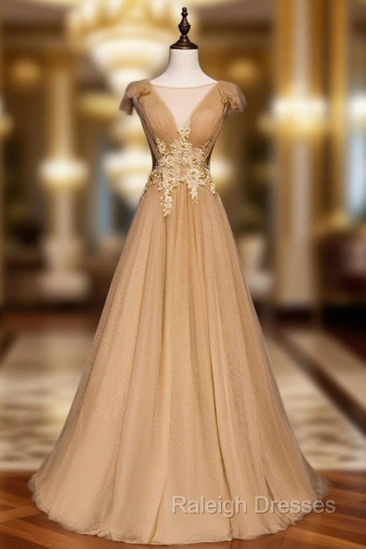 Gold Tulle Pleats Appliques Backless Prom Dress Main image