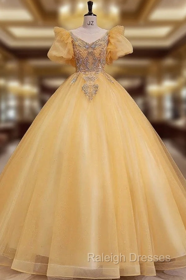 Gold Tulle Puff Sleeve Beading Pearls Quinceanera Dress