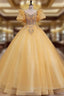 Gold Tulle Puff Sleeve Beading Pearls Quinceanera Dress