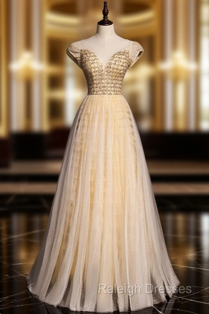 Gold Tulle Puff Sleeve Beading Sequins Backless Prom Dress Main image