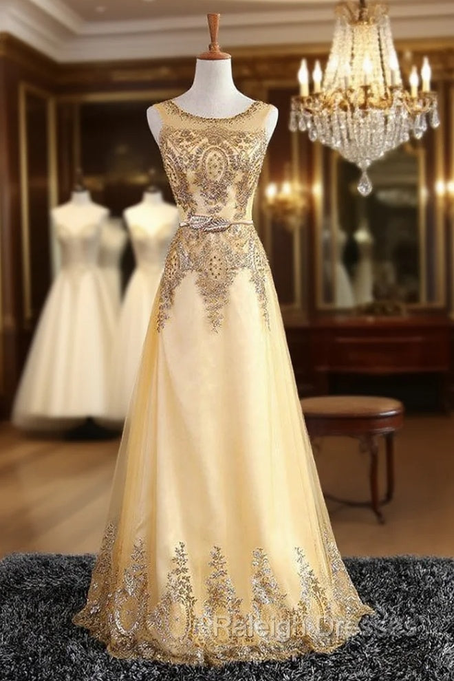 Gold Tulle Sequins Appliques Bridesmaid Dress