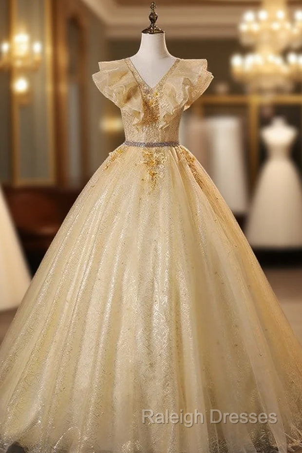 Gold Tulle Sequins Appliques V-neck Quinceanera Dress Main image