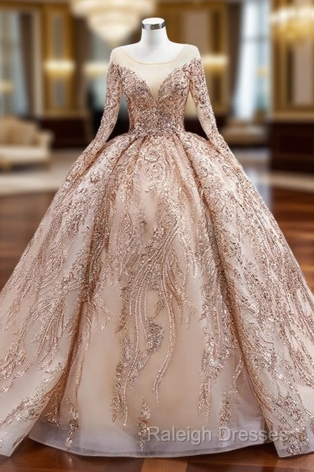 Gold Tulle Sequins Beading Long Sleeve Prom Dress Main image
