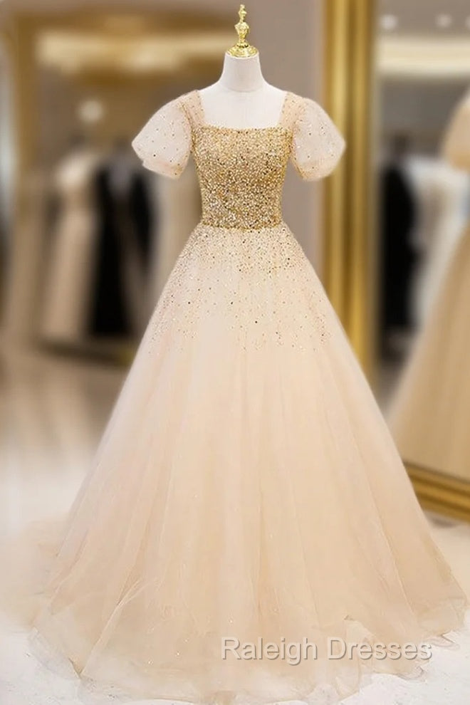Gold Tulle Sequins Beading Puff Sleeve Prom Dress Main image