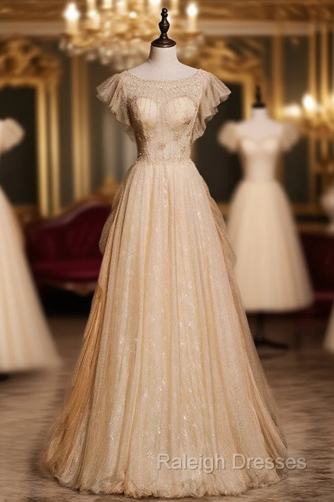 Gold Tulle Sequins Beading Sleeveless Prom Dress Main image