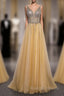Gold Tulle Sequins Beading V-neck Backless Prom Dress