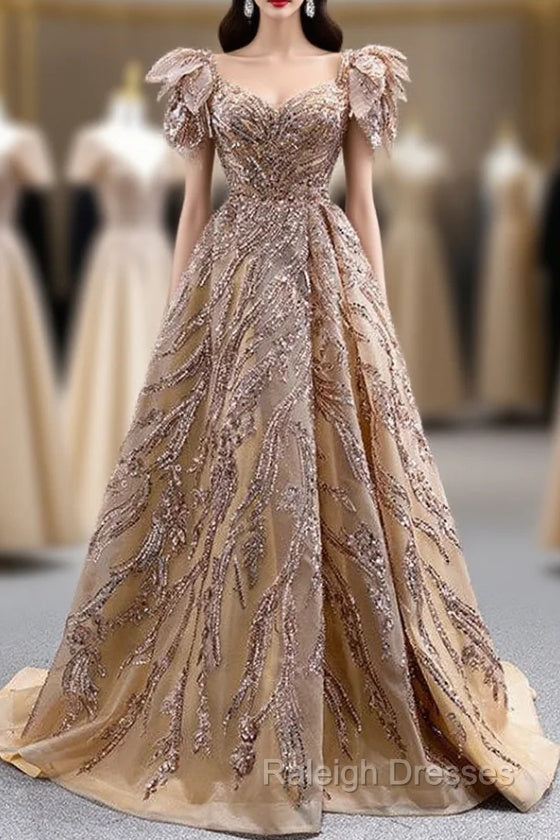 Gold Tulle Sequins Beading V-neck Prom Dress Main image