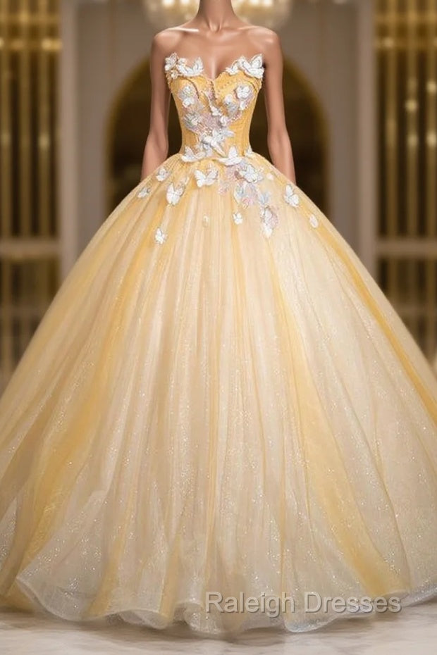 Gold Tulle Sequins Butterfly Quinceanera Dress