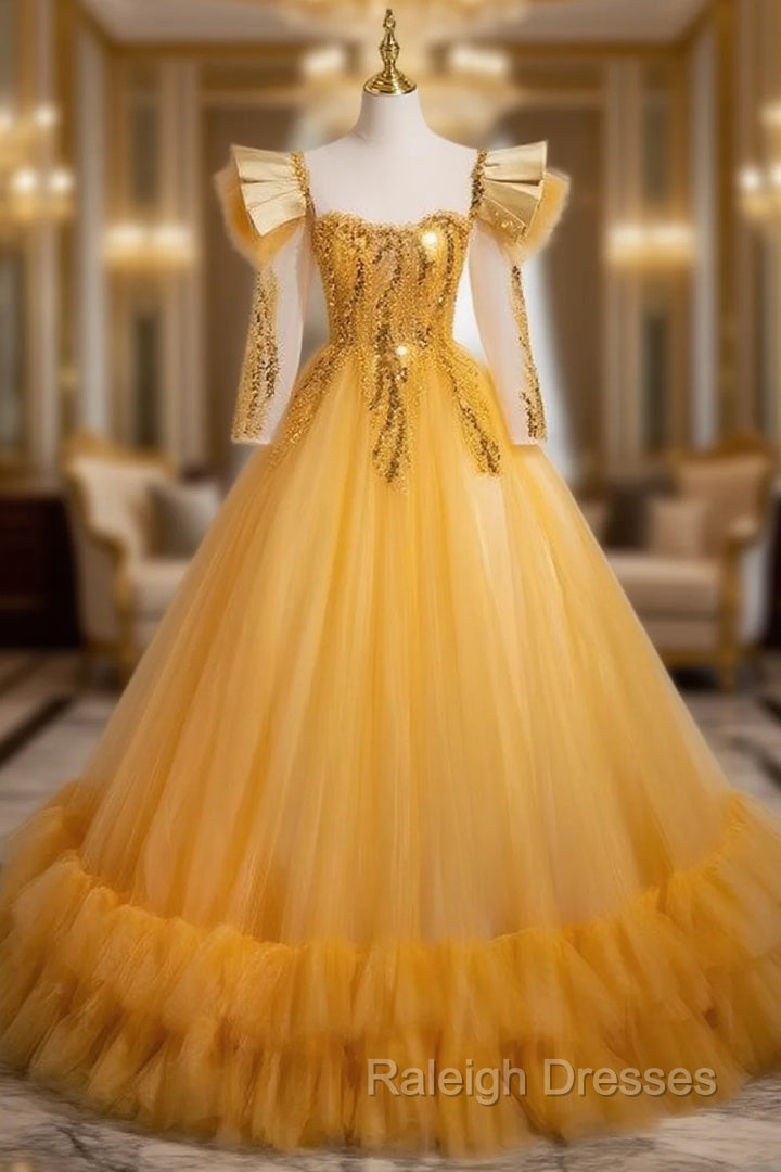 Gold Tulle Sequins Long Sleeve Backless Quinceanera Dress