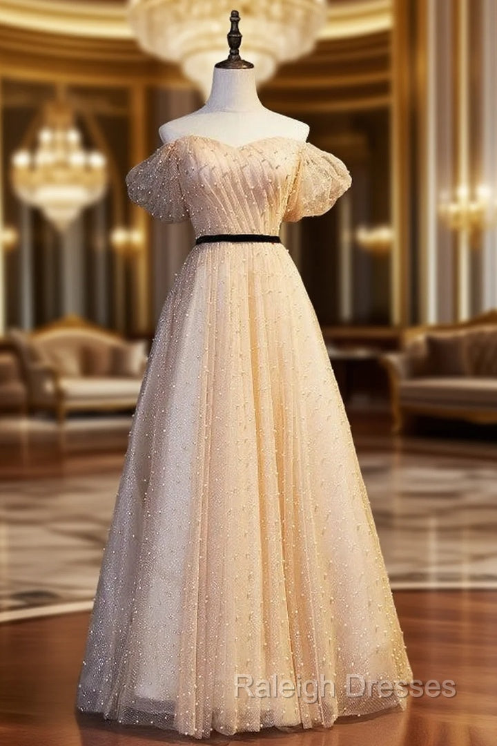 Gold Tulle Sequins Off the Shoulder Pearls Prom Dress Main image