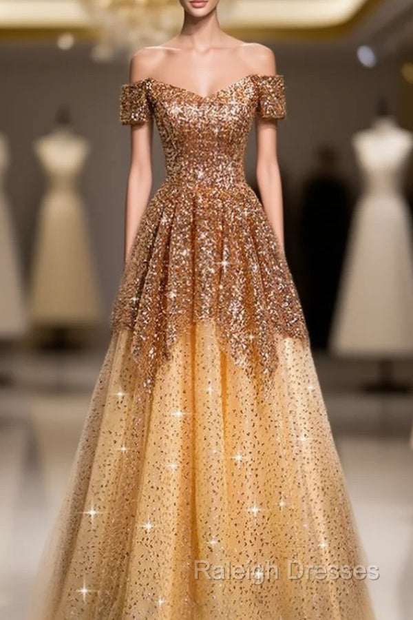 Gold Tulle Sequins Off the Shoulder Short Sleeve Prom Dress Main image