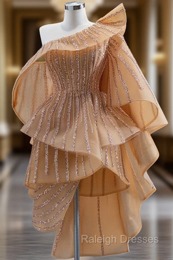Gold Tulle Sequins One Shoulder Ruffles Short Prom Dress