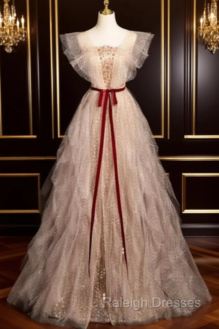 Gold Tulle Sequins Prom Dress With Belt