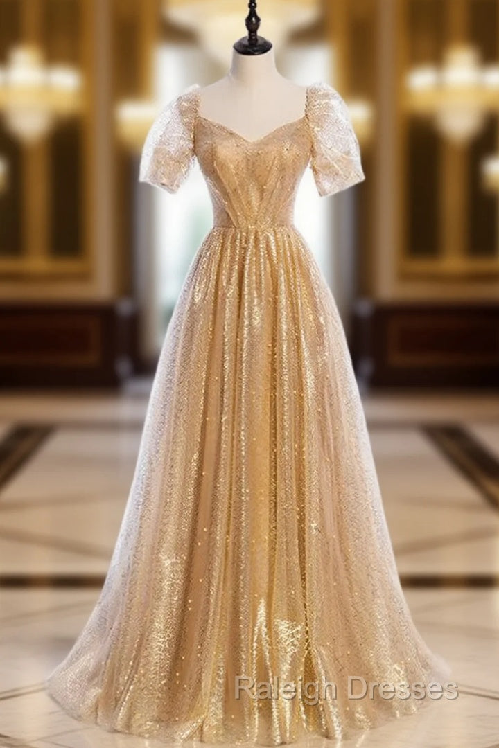 Gold Tulle Sequins Square Short Sleeve Pearls Prom Dress