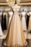 Gold Tulle Sequins Strapless Beading Prom Dress