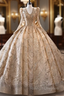 Gold Tulle Sequins V-neck Long Sleeve Prom Dress