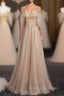 Gold Tulle Spaghetti Straps Appliques Beading Prom Dress
