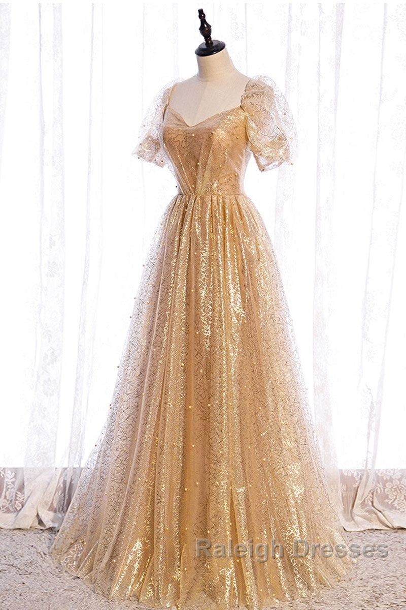 Gold Tulle V Neck Long Prom Dress Gold Tulle Formal Dress Secondary image