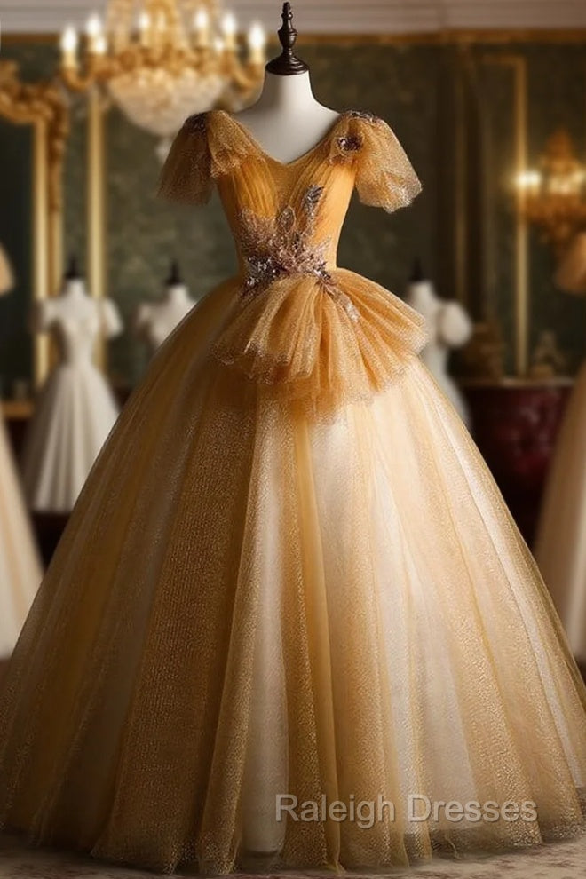 Gold Tulle V-neck Sequins Appliques Quinceanera Dress Main image