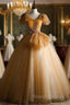Gold Tulle V-neck Sequins Appliques Quinceanera Dress