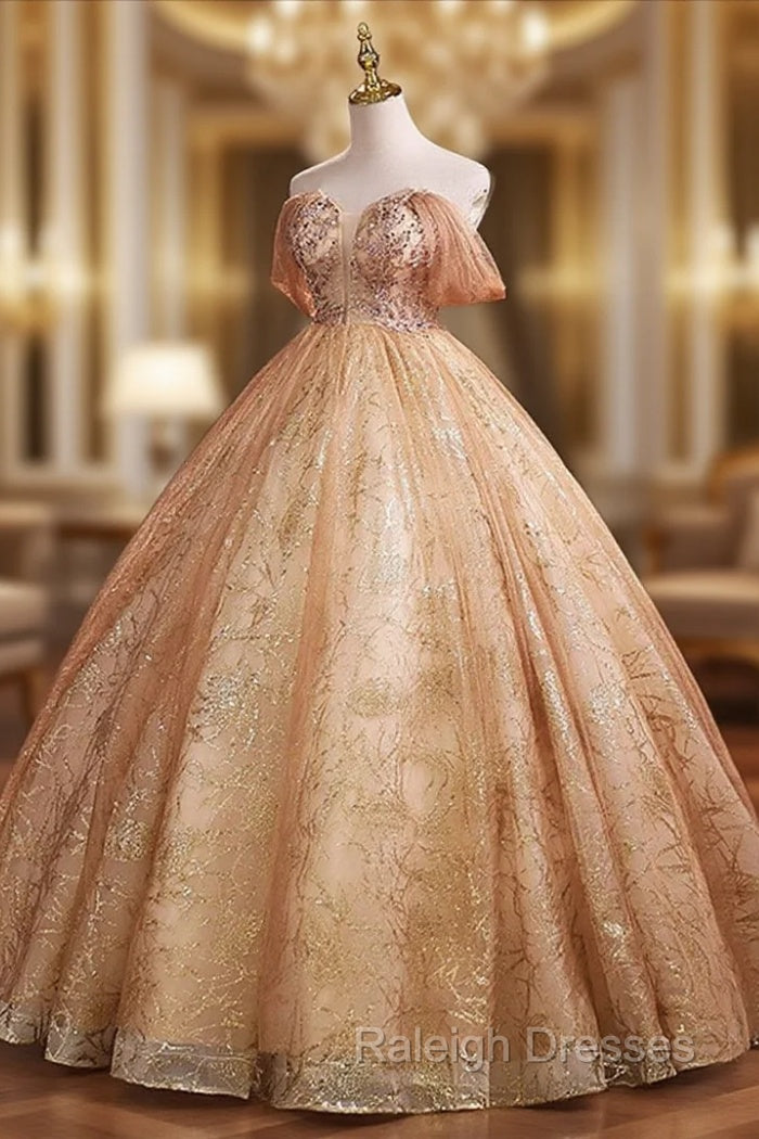 Gold Tulle with Beaded Long Sweet 16 Dress, Ball Gown Formal Dress Party Dress Main image