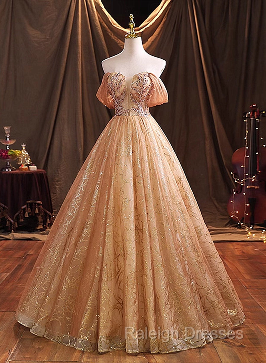 Gold Tulle with Beaded Long Sweet 16 Dress, Ball Gown Formal Dress Party Dress
