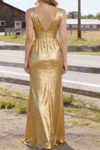Gold V Neck Floor Length Bridesmaid Dresses Long Bridesmaid Dress With Pleated Split