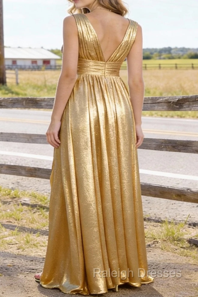 Gold V Neck Floor Length Bridesmaid Dress Long Bridesmaid Dresses With Pleated Split Secondary image