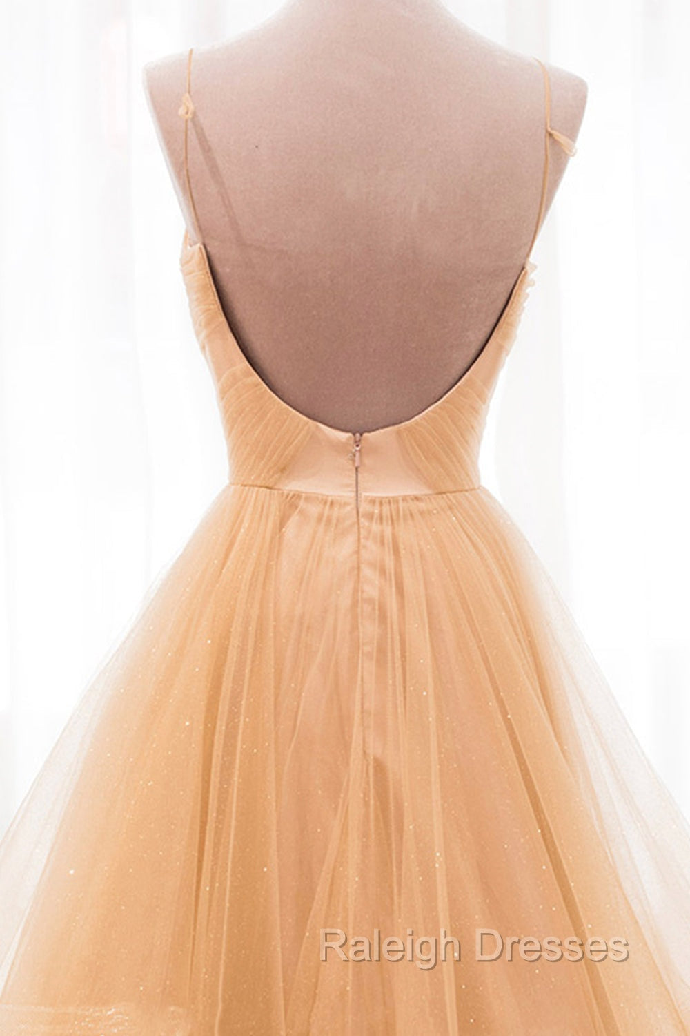 Gold V Neck Tulle Long Prom Dress, A Line Prom Dress Secondary image