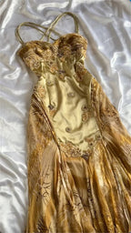 Gold Vintage Floral Satin Applique Spaghetti Straps Chiffon Prom Dress Prom Dress
