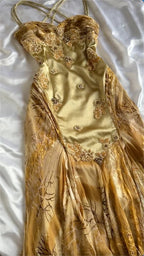 Gold Vintage Floral Satin Applique Spaghetti Straps Chiffon Prom Dress Prom Dress