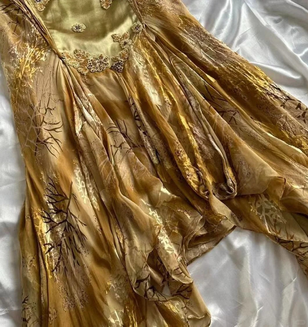 Gold Vintage Floral Satin Applique Spaghetti Straps Chiffon Prom Dress Prom Dress