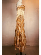Gold Vintage Floral Satin Applique Spaghetti Straps Chiffon Prom Dress Prom Dress