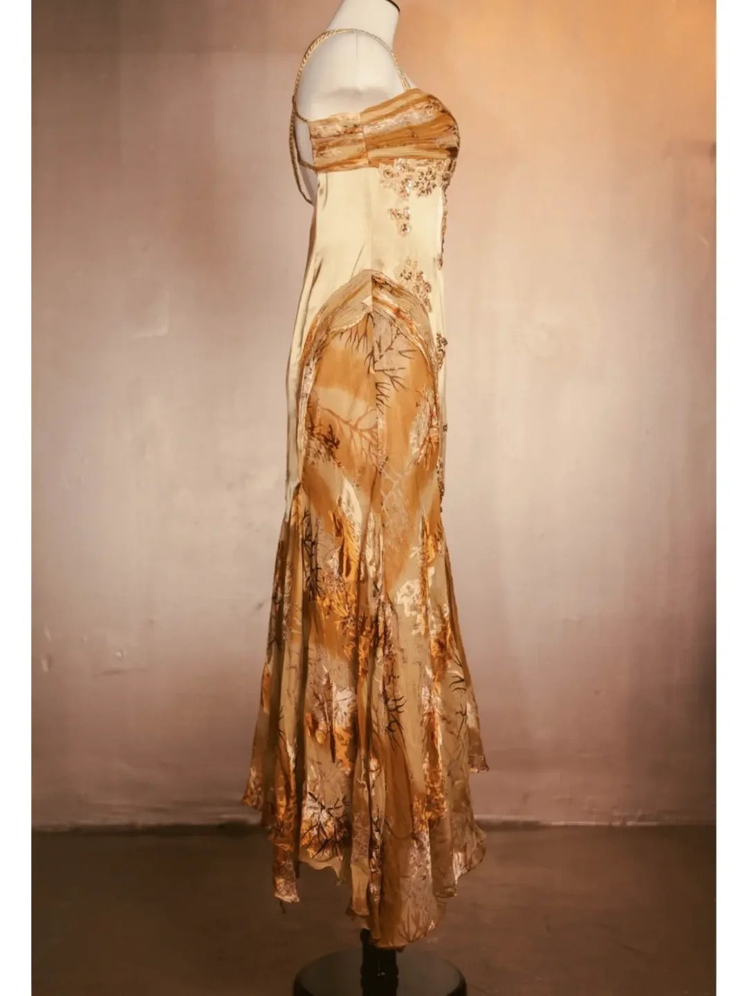 Gold Vintage Floral Satin Applique Spaghetti Straps Chiffon Prom Dress Prom Dress