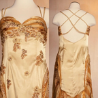 Gold Vintage Floral Satin Applique Spaghetti Straps Chiffon Prom Dress Prom Dress