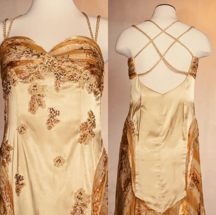 Gold Vintage Floral Satin Applique Spaghetti Straps Chiffon Prom Dress Prom Dress